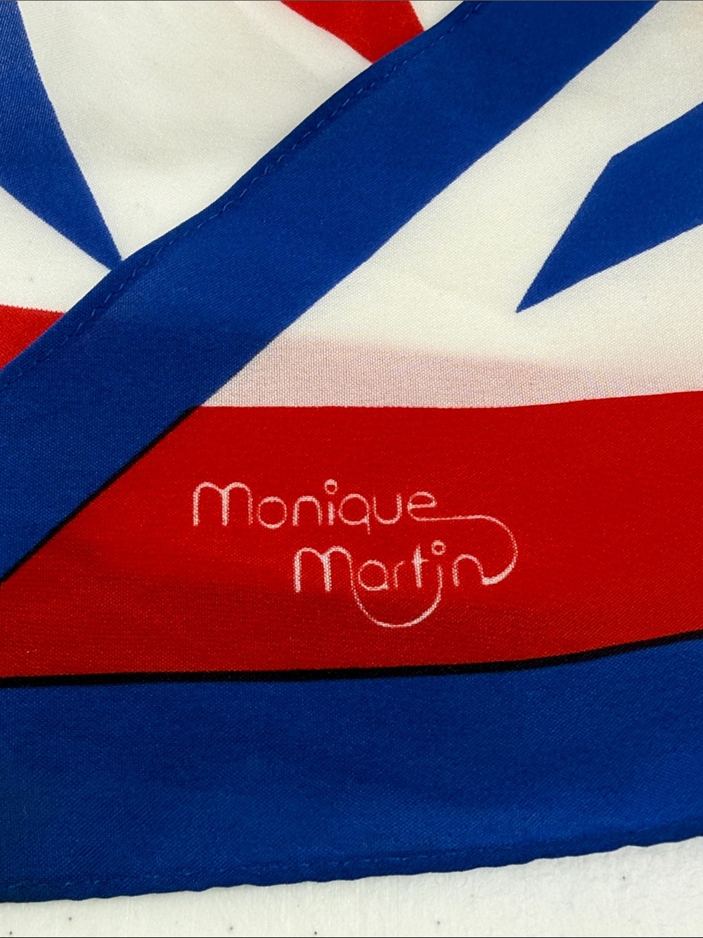 Monique Martin Silk blend Scarf — White with Blue, Red & Yellow Pattern - Picture 2 of 6